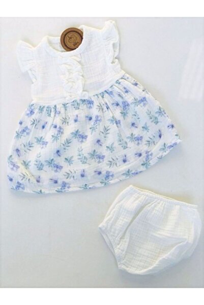 Aydodo Kız Bebek Beyaz Mavi Organic Muslin Çiçek Desenli Fırfır Detaylı Külot...