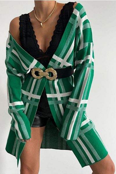 lovebox Women's Green Knitwear Fabric Stripe Patterned Long Sleeve Cardigan 0190
