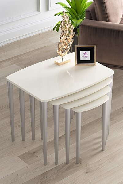 Canisa Anka Serisi Mdf 1.sınıf 4lü Krem Zigon Sehpa Takımı, Gümüş Gürgen Ayaklar