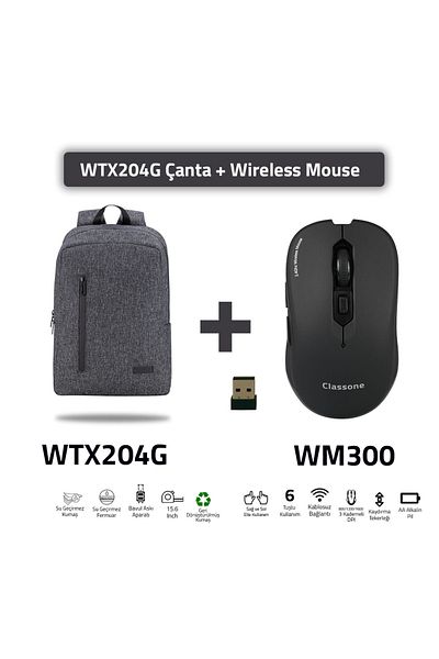 Classone Bp-wtx204g-wm300 15.6 بوصة Wtxpro قماش مقاوم للماء وسحاب، كمبيوتر محمول، حقيبة كمبيوتر محمول + ماوس
