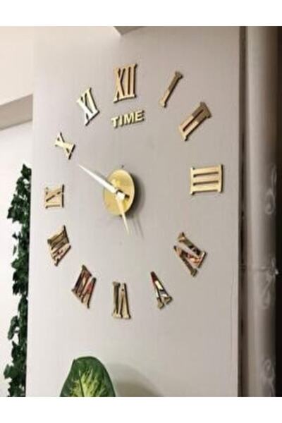 MİNAY HOME 3d Ayna Roma-romen Rakamlı Dekoratif Büyük Boy Duvar Saati Gold-altın
