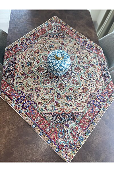 ELSAY Masa Örtüsü El Yapımı,bej Kırmızı, Simli Kare 100*100cm,bohça,çeyizlik,...