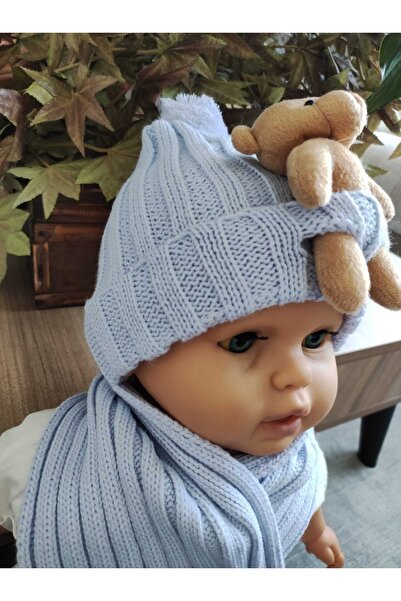 Meriç bebe Ayıcıklı Bebe Atkı Bere Takımı 6-18 Ay Mavi