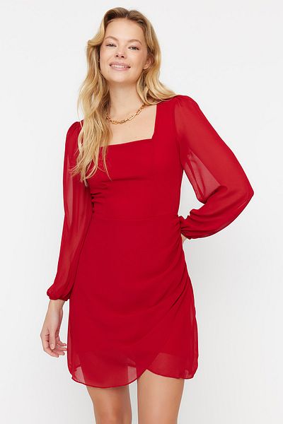Trendyol Collection Rochie țesută cu guler pătrat burgundă TWOAW23EL00936