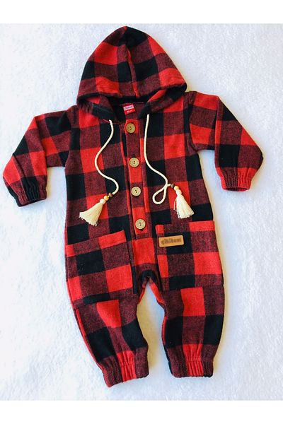 DIDuStore 1/3 Year Old Baby Clothing Models Lumberjack Plaid Front Buttoned Hooded Baby Suit Jumpsuit