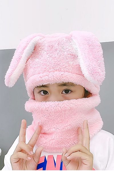 Leiste Rabbit Figured Children's Hooded Plush Beanie Scarf Neck Collar Windproof Eared Hat