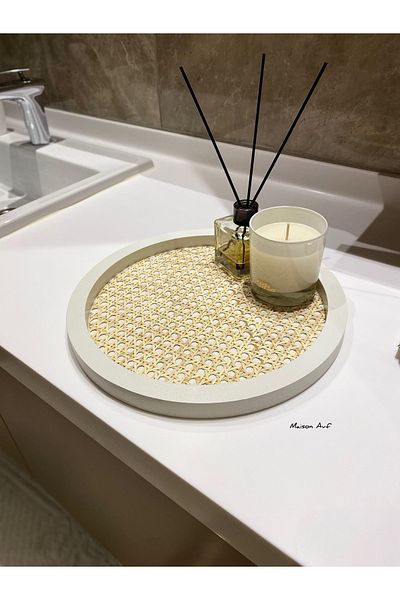 Maison Avf White Rattan Hazeran Round Tray - 100% Natural