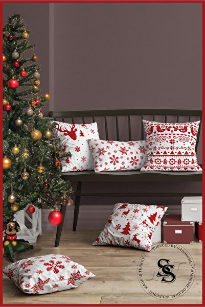 SasoHome Red Christmas Snowflakes and Deers Patterned 5-Piece Combination Patterned Digital Printed Throw Pillow Cover