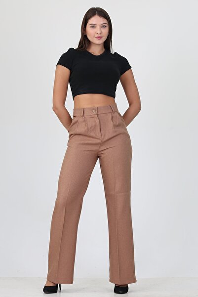 Neşeli Butik Pantaloni de damă Camel cu talie înaltă, buzunare, din țesătură ...