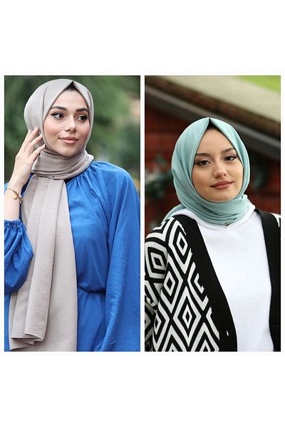 Narine Hijab Cotton Kraş Cazz Shawl Model Σετ 2 τεμαχίων _νερό Πράσινο-σκούρο γκρι