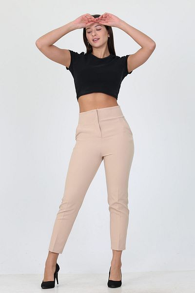 Neşeli Butik Beige New Season High Waist Lycra Women's Fabric Trousers Ela004