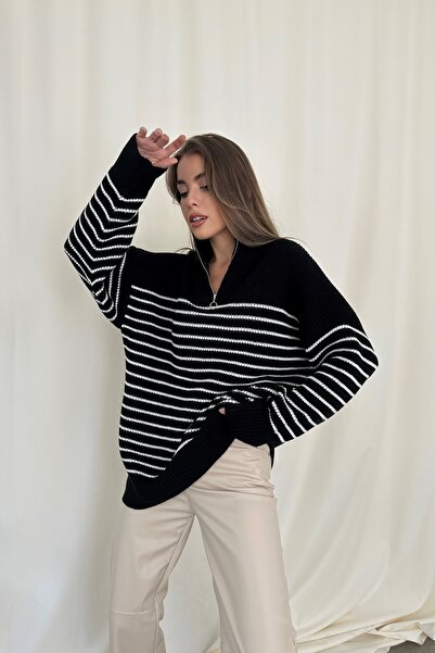 Eka Women's Black Fernuar Detail Striped Sweater 1014-3011