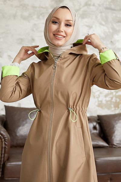 InStyle Neon Trench with Drawstring Waist Hooded - Beige \ Green