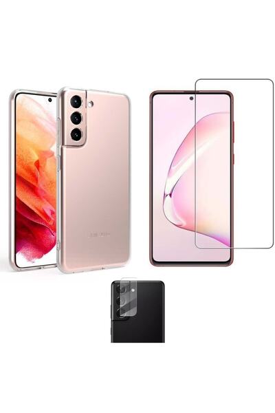 wowacs Samsung Galaxy S21 Mat Fe Şeffaf Kılıf + Kamera Lens Koruyucu + Temperli Ekran Koruyucu Cam
