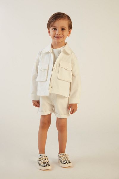hoQuspoQus Boy's Printed White Gabardine Jacket
