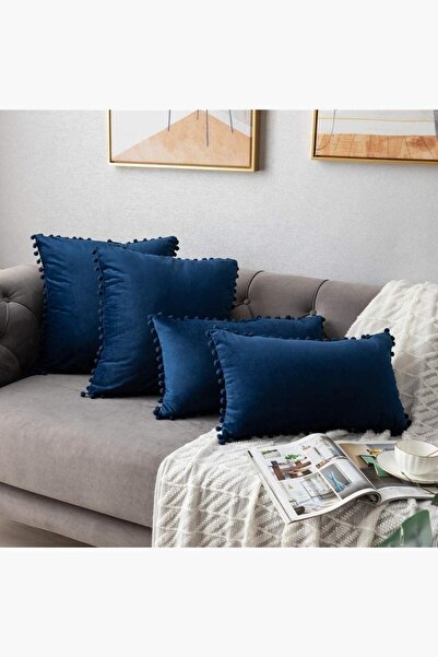 Bc Home Lacivert 4 Adet Ponponlu Kırlent Kılıfı 2 Adet 43 X 43 Cm ,2 Adet 30 ...