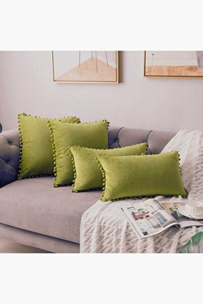 Bc Home Fıstık Yeşili 4 Adet Ponponlu Kırlent Kılıfı 2 Adet 43 X 43 Cm ,2 Ade...