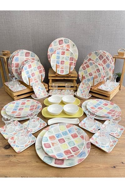 Demet Çeyiz Aksesuar Keramika Set Breakfast Colors 60 Pieces for 12 People