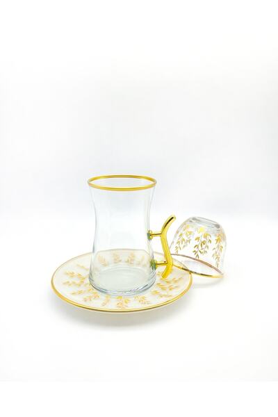 ÖzcamKristal 18 Parça 6 Kişilik Gold Yaprak Desenli Çay Bardak Takımı