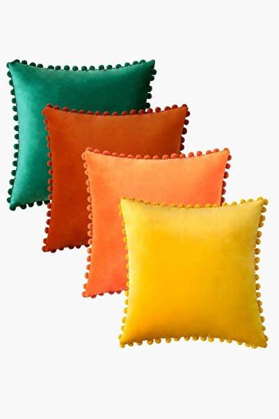 Bc Home طقم غطاء وسادة خريفي 4 قطع 43 × 43 سم مع بوم بوم أخضر صنوبر، بلاط، بر...