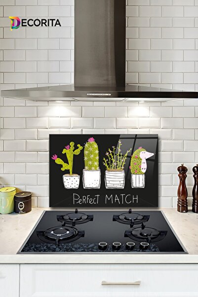 Decorita Cam Ocak Arkası Koruyucu | Perfect Match - Siyah Fon | 40cm X 60cm