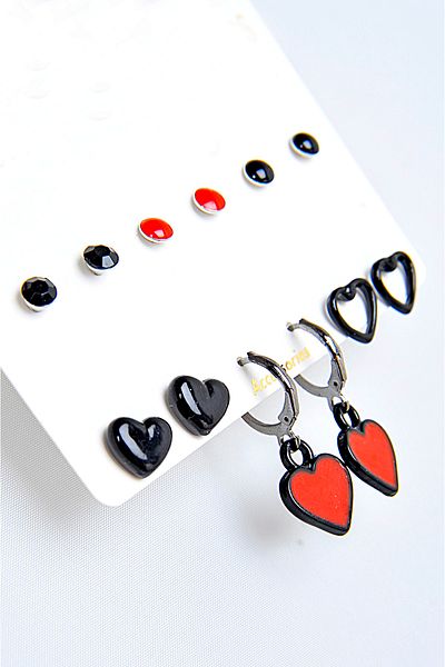EUROMODA Set of 12 Earrings with Colorful Ball Earrings with Dangle Heart Design and Tiny Hearts Figures