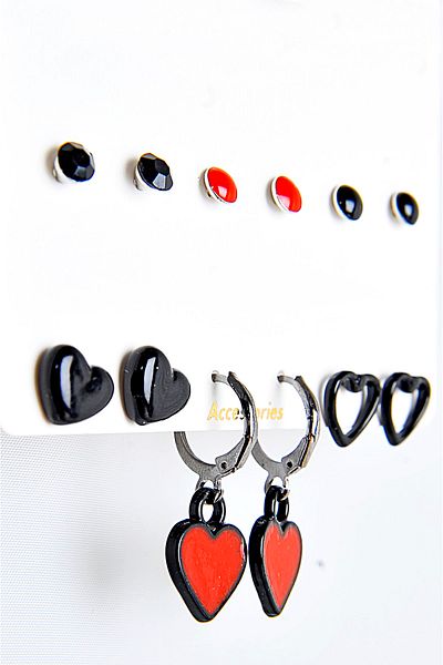 EUROMODA Set of 12 Earrings with Colorful Ball Earrings with Dangle Heart Design and Tiny Hearts Figures