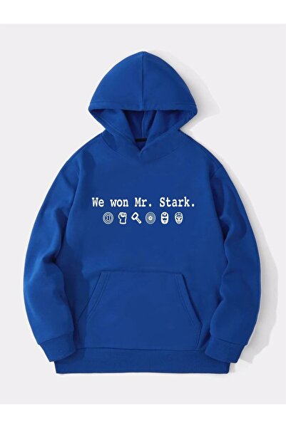 AFROGİYİM سويت شيرت نسائي بغطاء للرأس مقاس كبير باللون الأزرق مطبوع من Marvel Stark