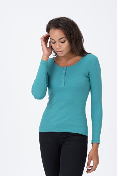 PUNKY CAT Women's Green Collar Snap-On Knitted Long Sleeve Blouse