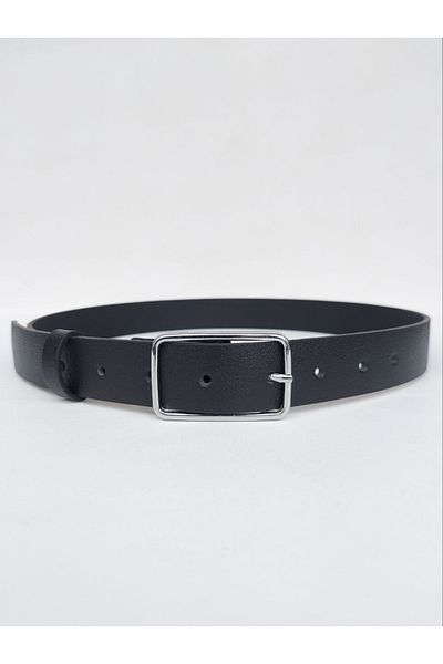 Kemerix 100% Genuine Leather Black - Tan 2-Piece Women's Belt with Silver Rectangular Buckle