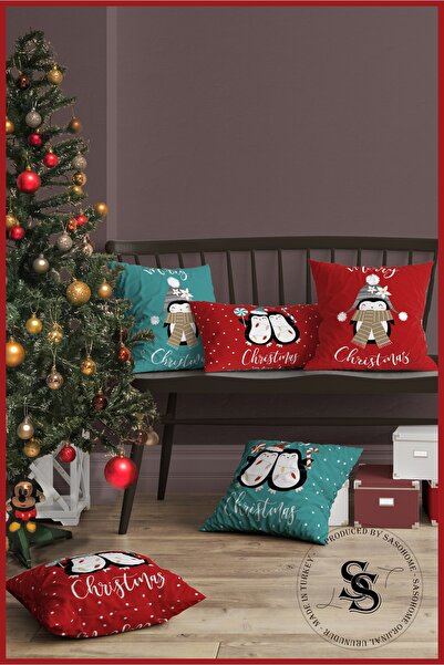 SasoHome Red-turquoise New Year's Cheerful Penguins Patterned 5-Piece Combination Patterned Digital Printed Throw Pillow Cover