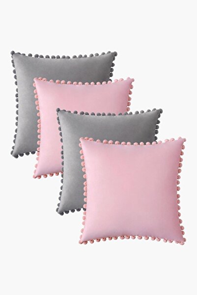 Bc Home Pembe - Gri 4 Adet Ponponlu Kırlent Kılıfı Seti 4 Adet 43 X 43 Cm Pem...