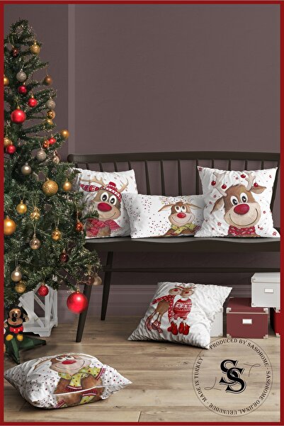 SasoHome Happy New Year Happy Deers Patterned 5-Piece Combination Patterned Digital Printed Throw Pillow Cover