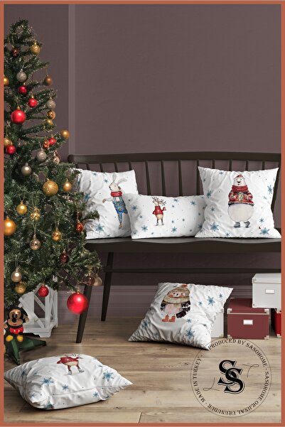 SasoHome Happy New Year Cheerful Animals Patterned 5-Piece Combination Patterned Digital Printed Throw Pillow Cover