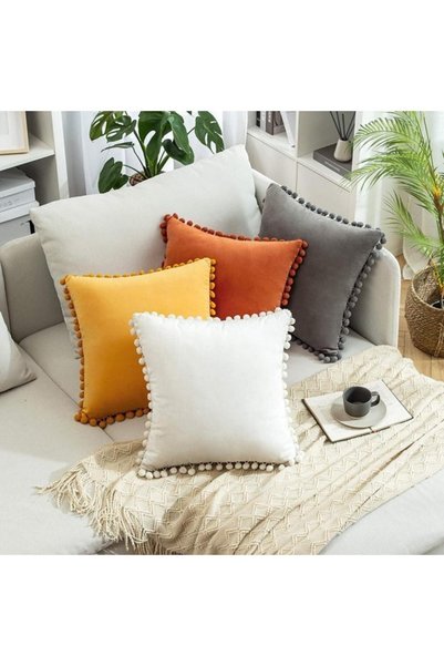 Bc Home Orange-Cream 4 Pcs Pompom Throw Pillow Cover Set 4 Pcs 43 X 43 cm Orange, Cream