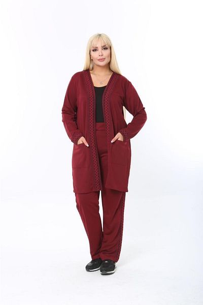 ŞENZADE Women's Woven Stripe Detail Pocket Long Sleeve Kimono Pants Cardigan Double Set