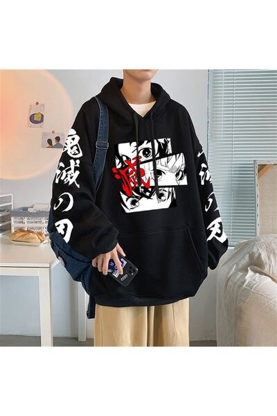 Touz Uny Butik Anime Demon Slayer Eyes Siyah Kapşonlu Sweetshirt Hoodie