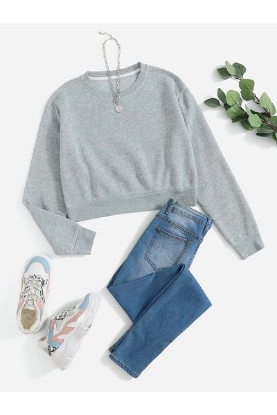 Mad&Calf Women's Crop Basic Crew Neck Sweatshirt