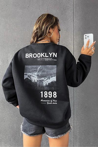 MOONBULL Unisex Black Bronlyn 1898 Back Printed Crew Neck Oversize Sweatshirt