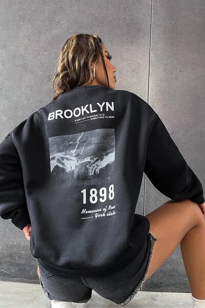 MOONBULL Unisex Black Bronlyn 1898 Back Printed Crew Neck Oversize Sweatshirt