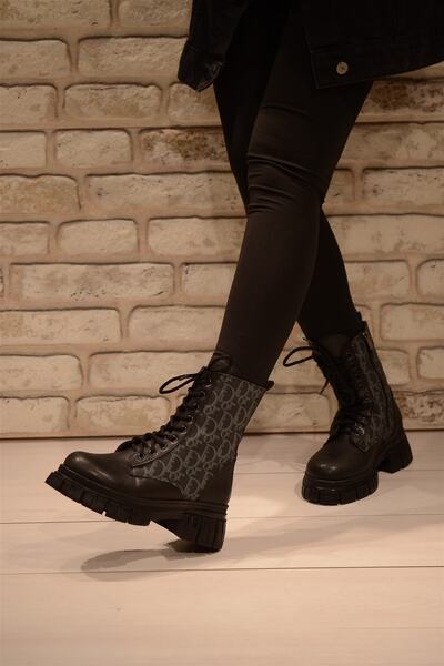 Isy Kadın Siyah Cilt Yanı Yazı Desenli Kalın Taban Bot