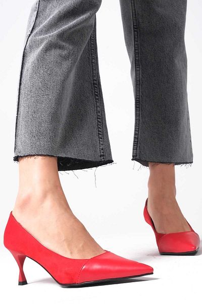 Mio Gusto Lina Red Color Suede and Leather Combination Heeled Women's Shoes