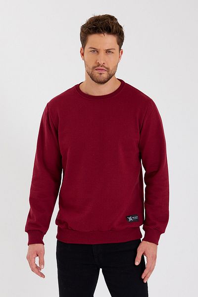 mmetalic Claret Red Crew Neck Label Detailed Cotton Inside Men's Sweatshirt