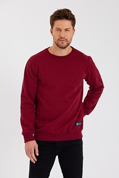 mmetalic Ανδρικό φούτερ Claret Red Crew Neck Label Λεπτομερές βαμβακερό εσωτερικό