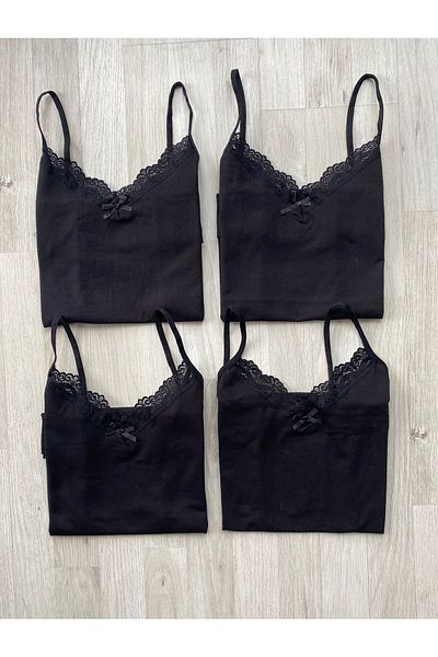 VicTroy 4 Pieces Black Color Bow Lace String Strap Cotton Undershirt