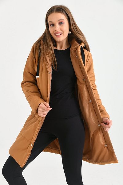 ECRİN MODA Дамско ватирано палто - с качулка, цип и копче