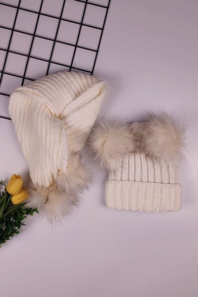 ADA BEBEK ÇOCUK Unisex Double Pompom Children's Scarf Beanie Set