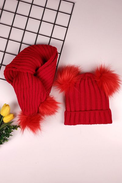 ADA BEBEK ÇOCUK Unisex Double Pompom Children's Scarf Beanie Set