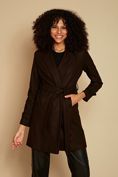 Select Moda Kadın Koyu Kahverengi Kuşaklı Astarlı Kaşe Kaban