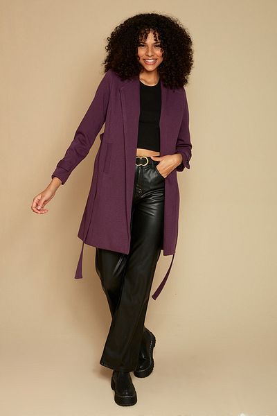 Select Moda Women's Purple Belted Gabardine Fabric Coat